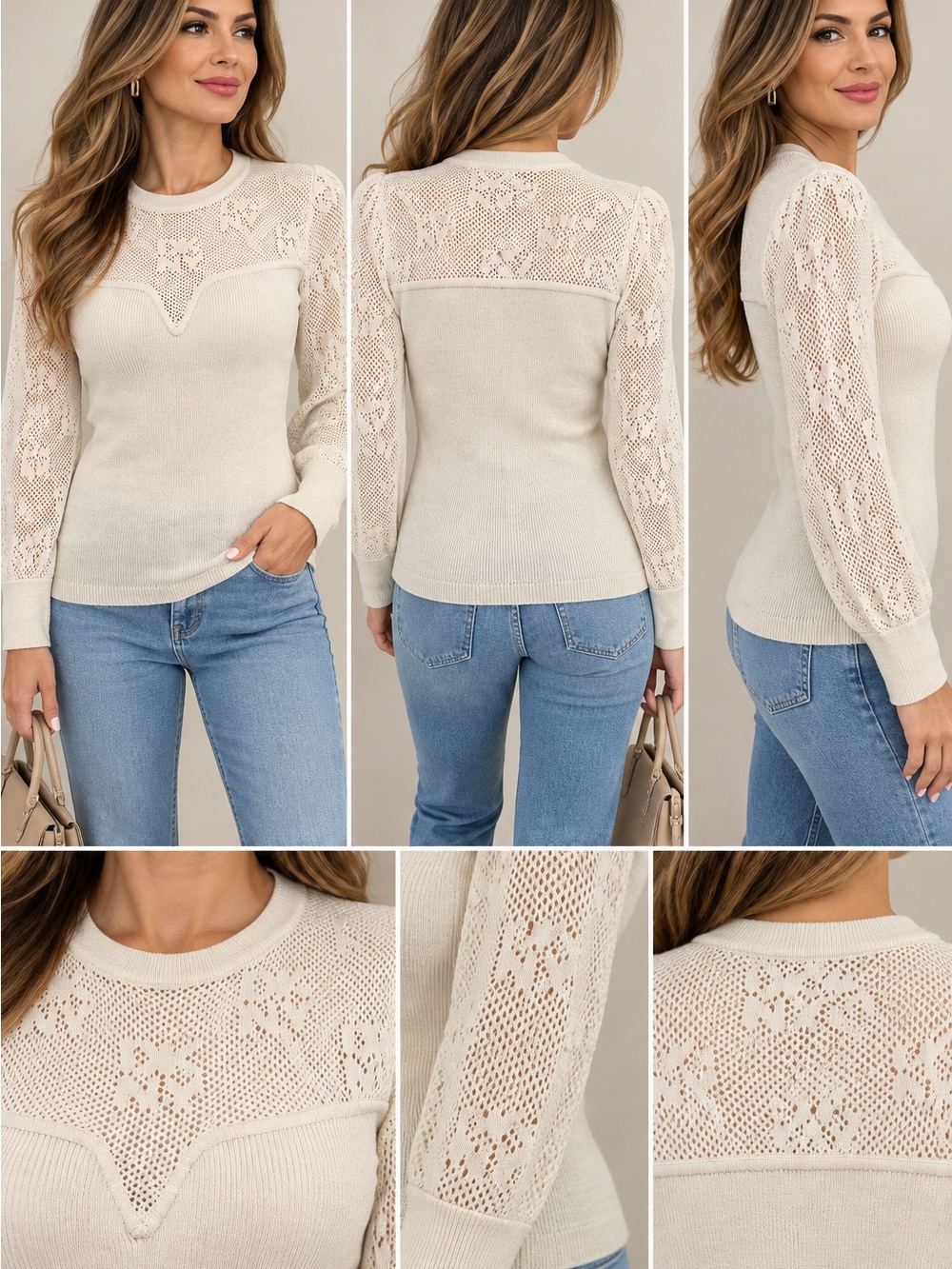 Dkny Cream Lace-Yoke Long Sleeve Knit Top